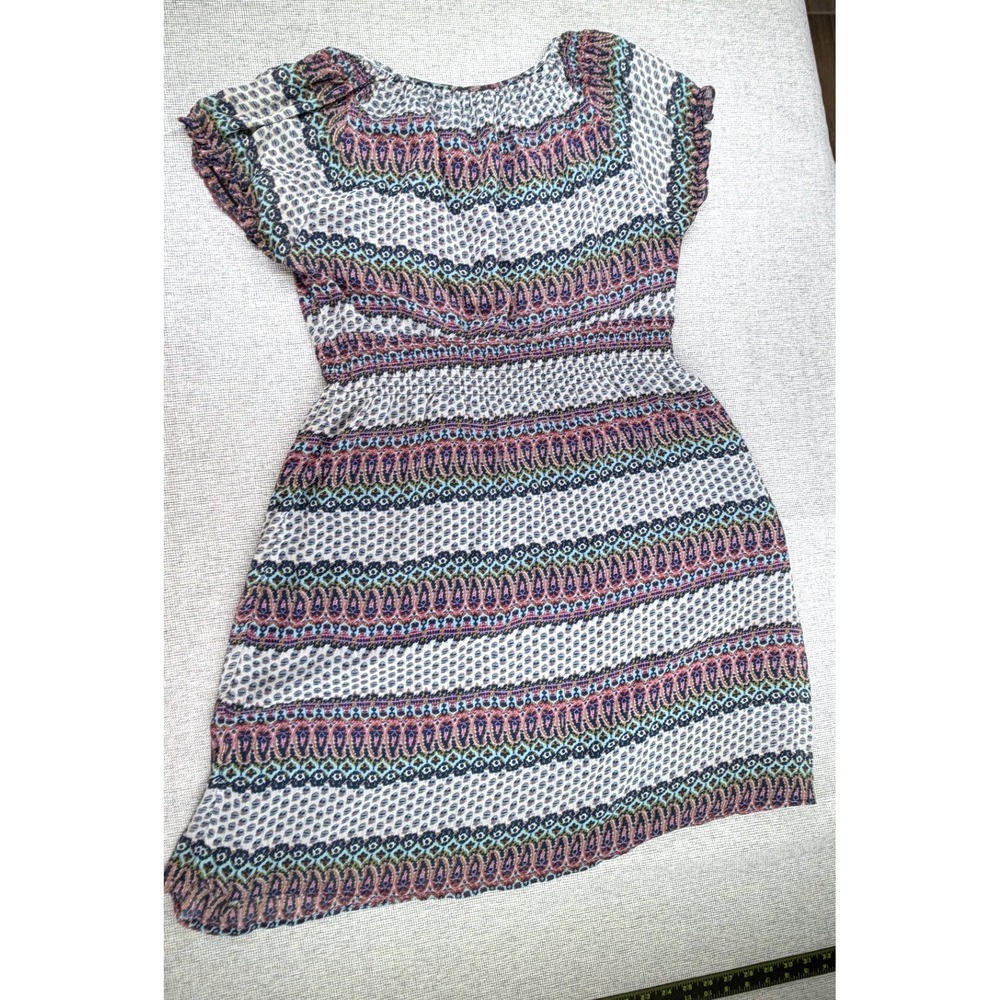 Romy Boho Paisley Stripe Mini Dress XL Blue Pink Keyhole Tie Front Puff Sleeve